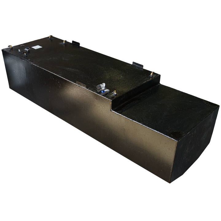 An angled view of a black metal OEM replacement belly fuel tank for a 1984 Blackfin 32' Diesel, with a capacity of 308 gallons. The tank features fittings and a stepped top surface, set against a transparent checkered background