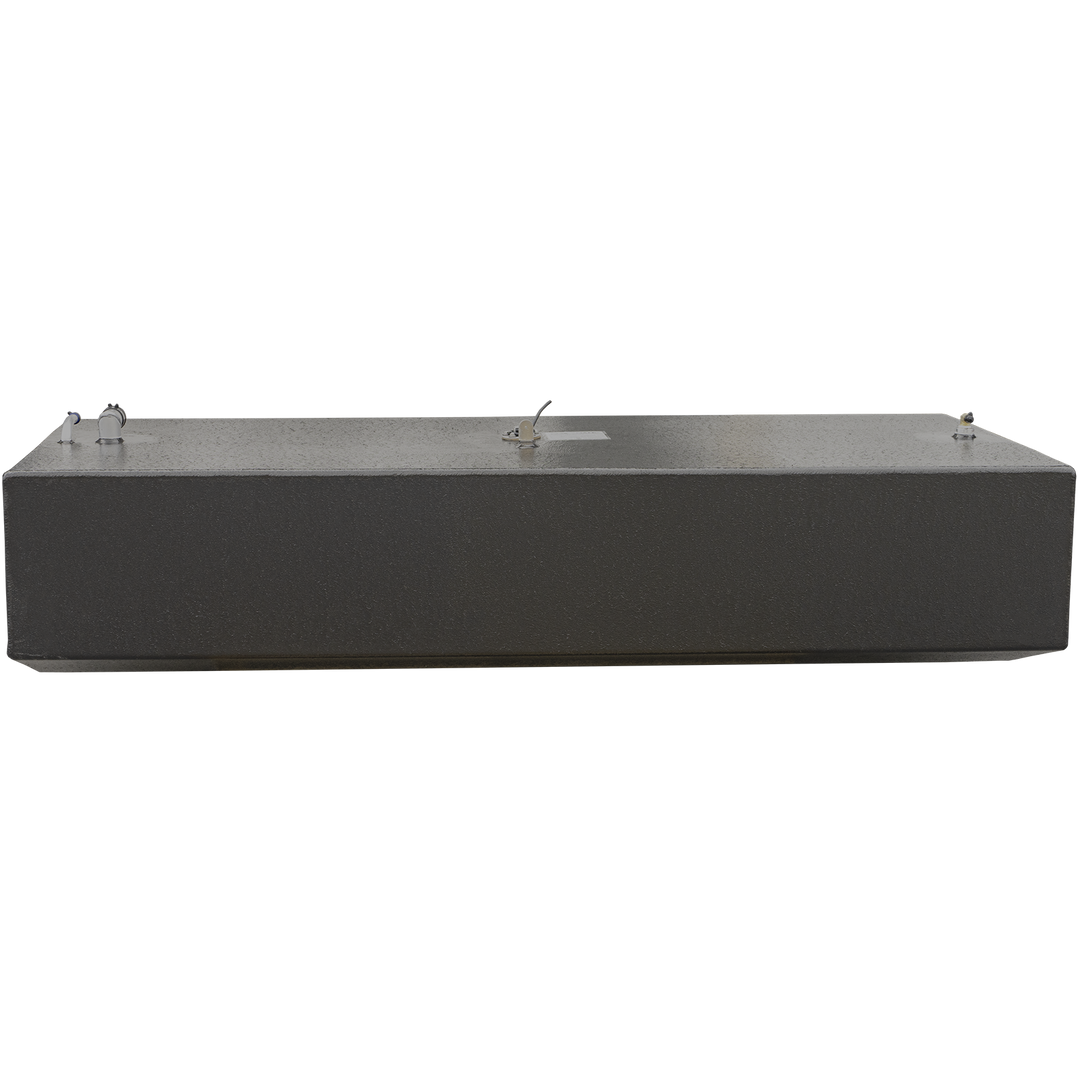 A rectangular metal fuel tank viewed from the front side. The tank has a black textured surface with three fittings visible on the top: a capped vent pipe on the left, a circular hatch in the middle with a latch, and another capped fitting on the right. The background is transparent (checkered pattern)