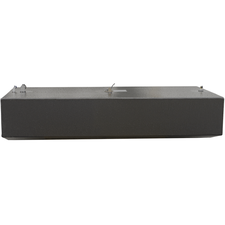 A rectangular metal fuel tank viewed from the front side. The tank has a black textured surface with three fittings visible on the top: a capped vent pipe on the left, a circular hatch in the middle with a latch, and another capped fitting on the right. The background is transparent (checkered pattern)