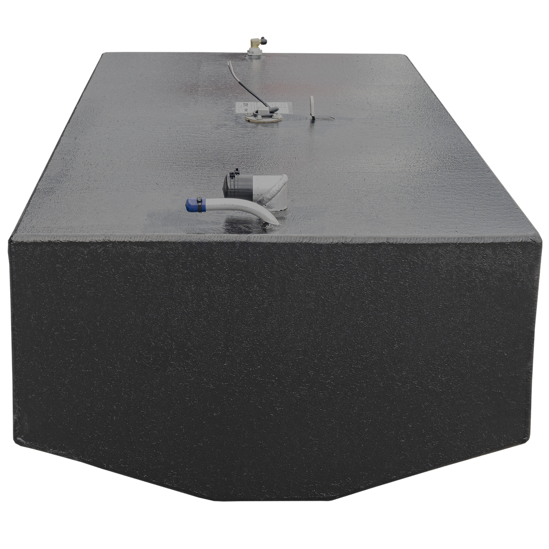 A rectangular black fuel tank with a textured surface, viewed from the front with a slight angle showing the top. The tank has three fittings visible on the top: a white capped vent pipe with a blue band on the left, a central circular access hatch with a wire and a white lever, and a small capped fitting on the right. The background is transparent (checkerboard pattern)