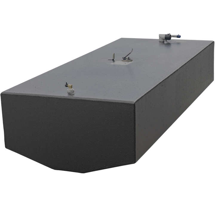 A large rectangular fuel tank with a textured black surface, shown from a front-left angle with a transparent checkerboard background. The tank has a trapezoidal front face and several fittings on the top, including a white capped vent pipe with a blue band at the rear right corner, a circular access hatch with wires in the center, and a smaller fitting near the front left corner. The tank appears heavy-duty and industrial