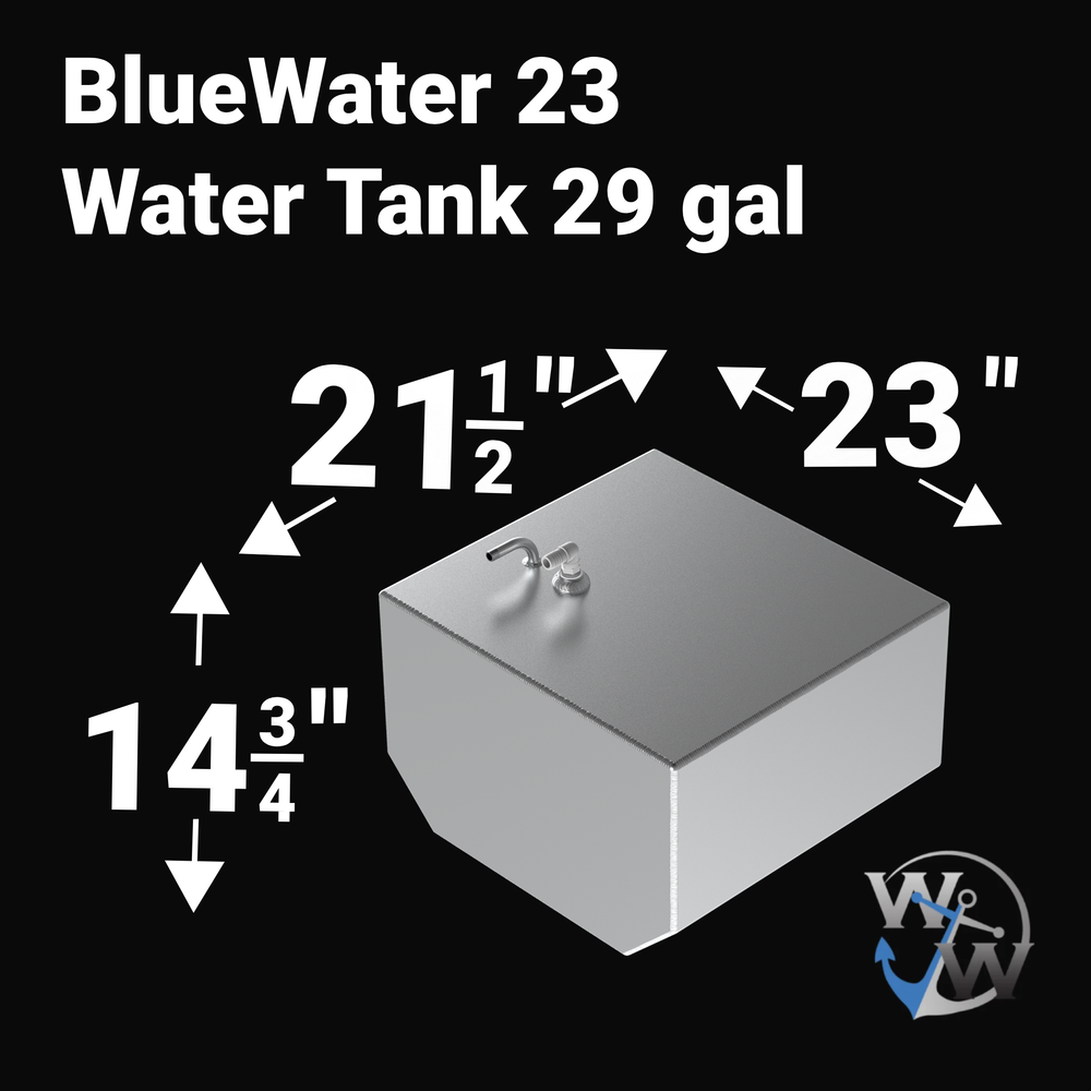 Dimensional diagram of a 29-gallon BlueWater 23 freshwater tank showing precise OEM measurements: 21 1/2" length, 23" width, and 14 3/4" height. Rendered in silver marine-grade aluminum with the Welding World logo on a black background.