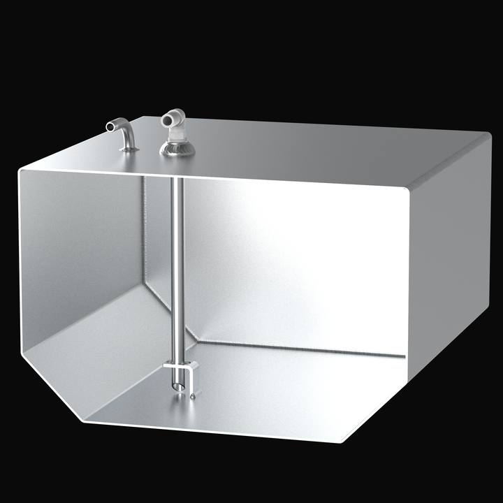 Internal cross-section 3D rendering of a BlueWater 23 aluminum water tank, showcasing the pickup tube assembly, TIG-welded seams, and tapered hull-fit bottom design on a solid black background.