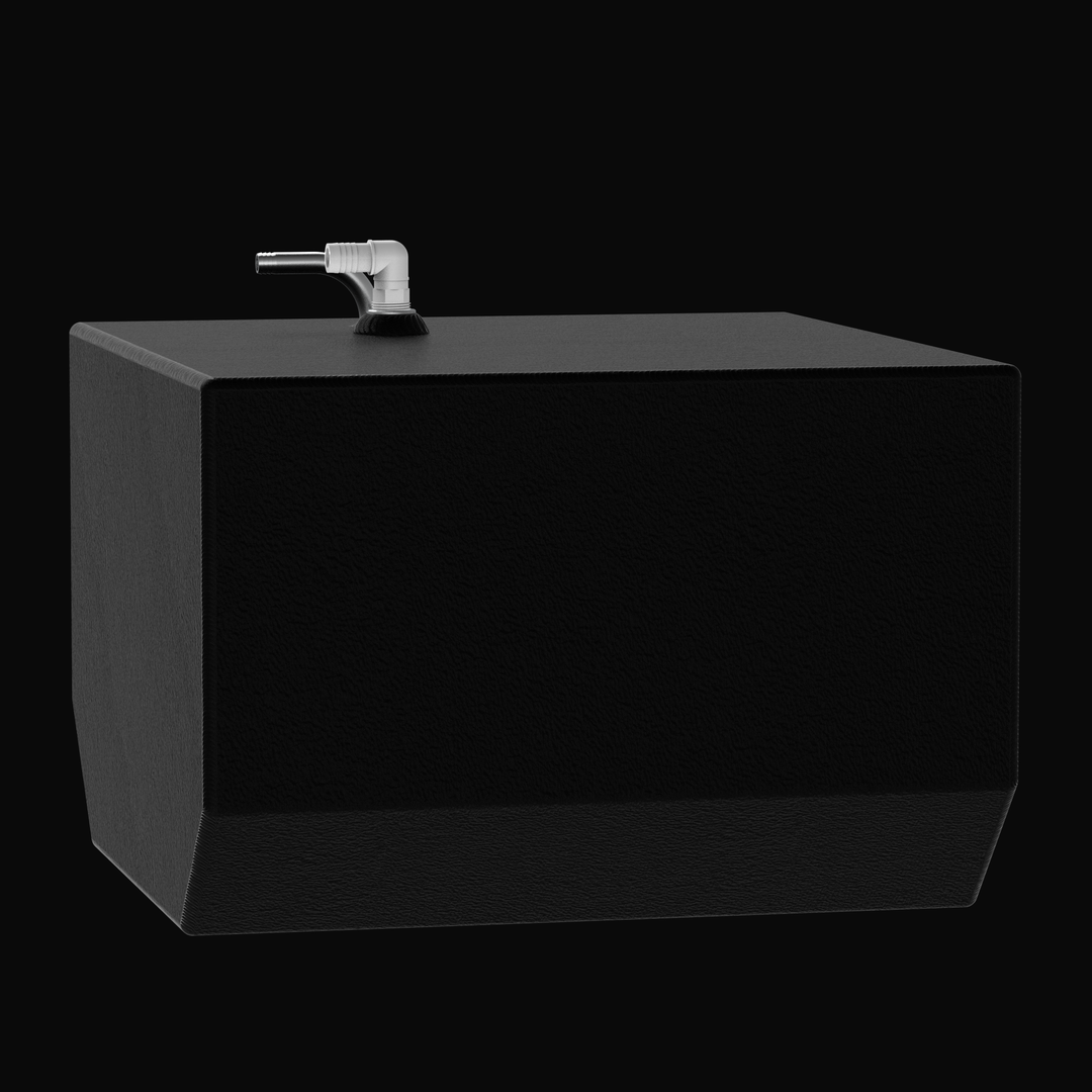Front-perspective 3D rendering of a 29-gallon BlueWater 23 freshwater replacement tank featuring a textured black coal-tar epoxy finish and top-mounted nylon hose barb and vent fittings on a solid black background.