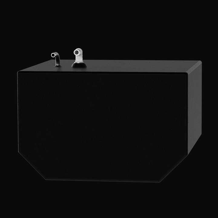 Rear-perspective 3D rendering of a 29-gallon BlueWater 23 freshwater tank replacement, showcasing the tapered hull-fit design, coal-tar epoxy finish, and top-mounted plumbing hardware on a solid black background.