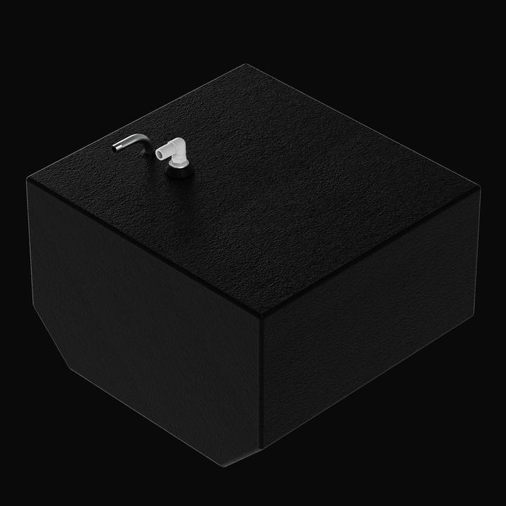 Isometric 3D rendering of a 29-gallon BlueWater 23 replacement water tank featuring a textured black coal-tar epoxy finish, a stainless steel vent tube, and a reinforced nylon hose barb fitting on a solid black background.