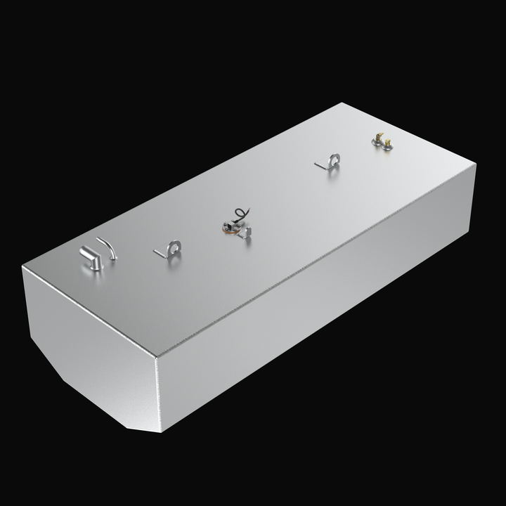 Isometric 3D rendering of a 128-gallon BlueWater 2350 Sport replacement fuel tank in a raw mill-finish aluminum, highlighting the precision TIG welds, dual lifting eyes, and top-mounted brass fuel pickups.