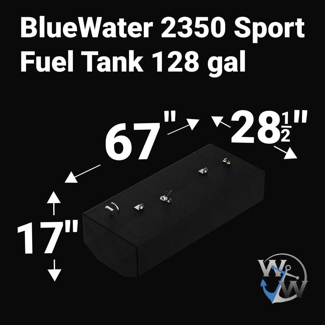 Dimensional diagram for a 128-gallon BlueWater 2350 Sport replacement fuel tank, showing precise measurements: 67" length, 28 1/2" width, and 17" height. Rendered with a coal-tar epoxy finish and the Welding World logo.