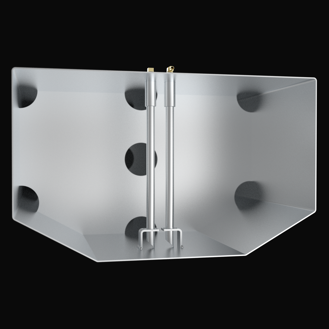Internal 3D cross-section of a 128-gallon BlueWater 2350 Sport fuel tank, showcasing dual aluminum pickup tubes with support brackets and a heavy-duty baffle system with circular flow ports for superior offshore fuel stability.
