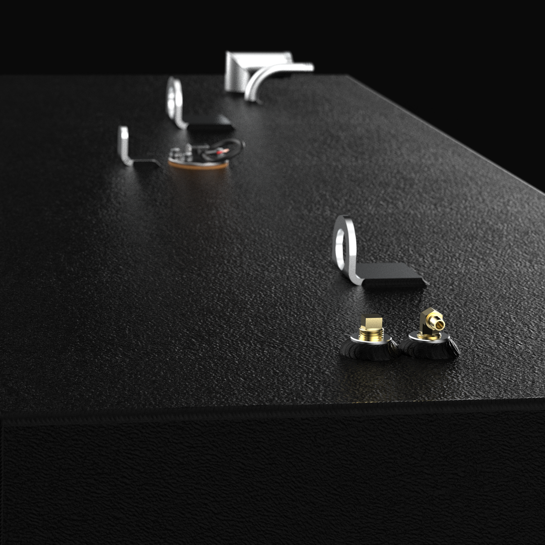 High-detail shallow-angle 3D rendering of the top deck of a 128-gallon BlueWater 2350 Sport replacement fuel tank, showcasing the brass fuel fittings, dual integrated lifting eyes, and fuel sending unit on a textured coal-tar epoxy finish.