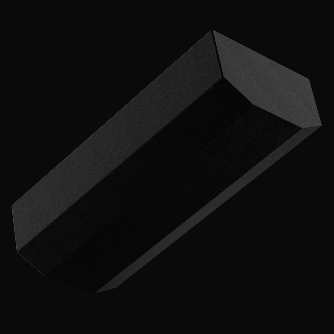 Underside 3D rendering of a 128-gallon BlueWater 2350 Sport replacement fuel tank, showing the full-length tapered hull-fit geometry and coal-tar epoxy finish designed for precise placement in the vessel's bilge.