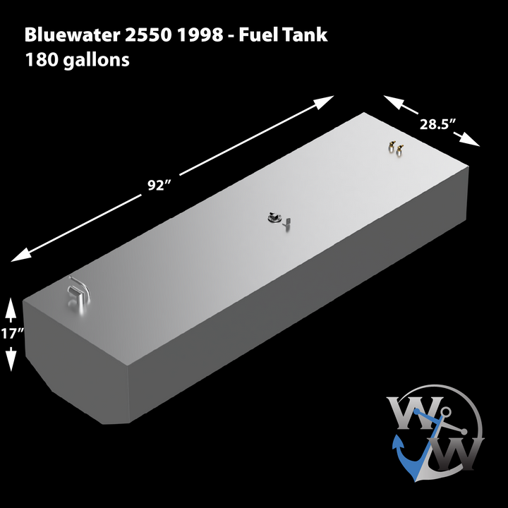 An isometric view of a 1998 Bluewater 2550 marine fuel tank, with dimensions clearly marked: 92 inches long, 28.5 inches wide, and 17 inches high. The tank has a capacity of 180 gallons and features visible fittings on its top surface. The logo "W W" with an anchor is also visible in the bottom right corner