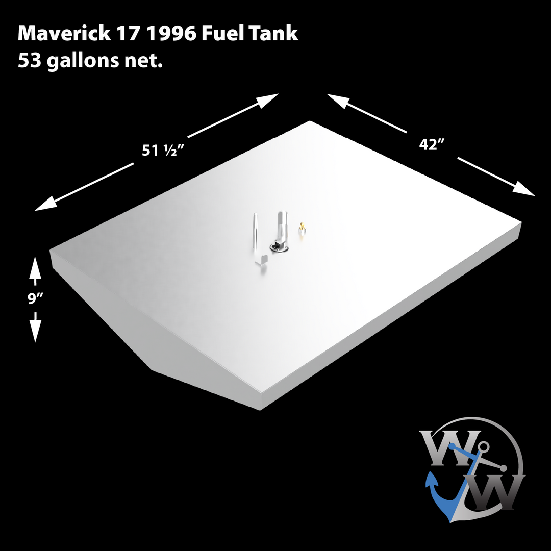 A 3D schematic of the replacement fuel tank for a 1996 Maverick 17, shown against a black background. Text on the image identifies the tank as having a 53-gallon net capacity. Dimension lines detail its tapered shape as 51 ½ inches long, 42 inches wide, and 9 inches high. The silver-colored, V-bottom schematic has a central cluster of fittings on its top surface. The 'WW' anchor logo for Welding World is in the bottom right corner