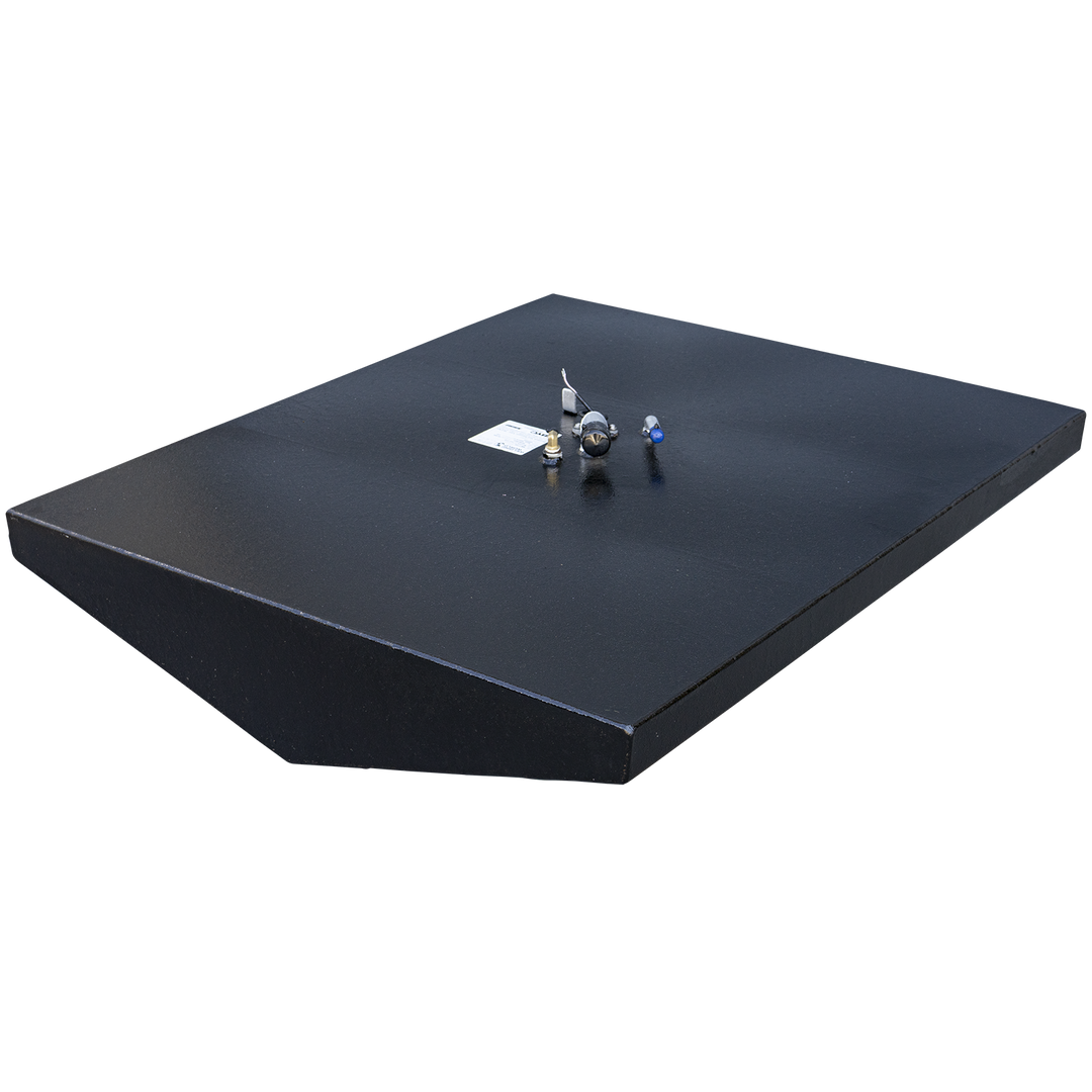 A black-coated boat fuel tank with a tapered shape that is wider at the front and narrower at the rear, designed to fit a specific hull. The tank is viewed from a high three-quarter angle against a checkered background. Its flat top surface features a single, dense cluster of fittings, including a sending unit and valve. The front bottom edge of the tank is V-shaped