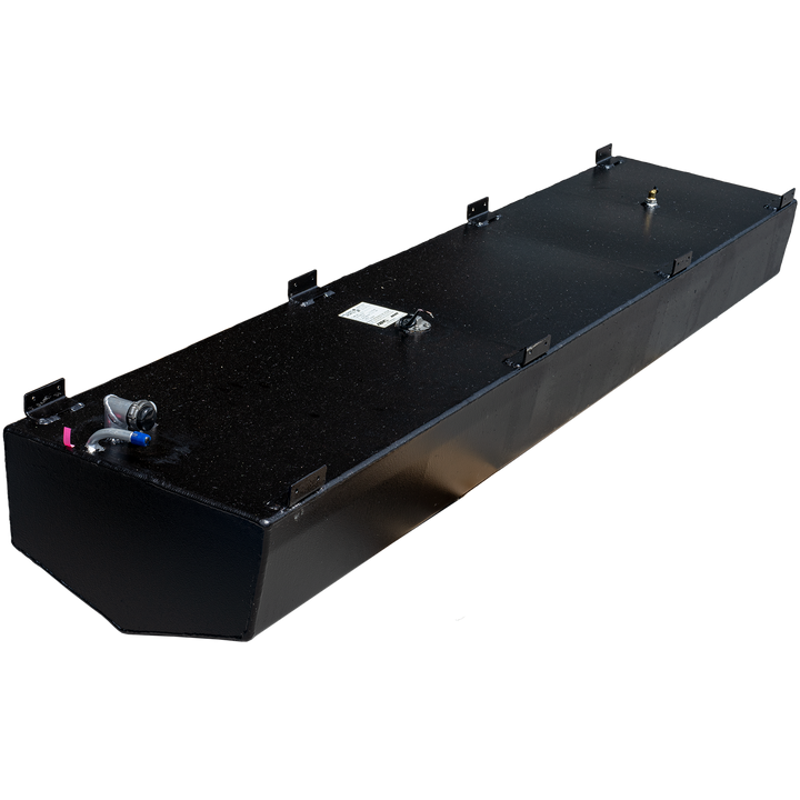 A long, black, rectangular fuel tank with a textured surface and multiple metal brackets along its top edges. Various fittings are visible on the top surface, including a fuel sender with wiring and a curved hose connection with a blue cap. The front end of the tank is tapered