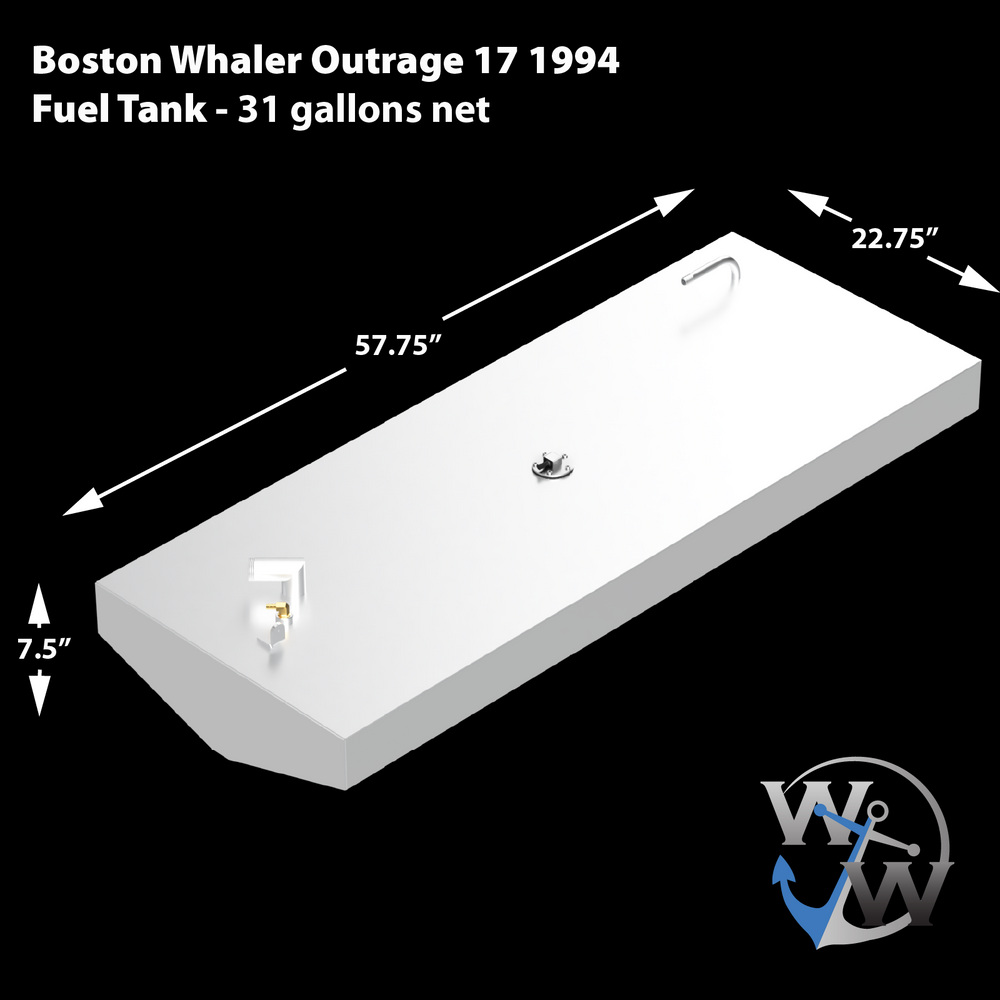 A white, rectangular fuel tank with specified dimensions: 57.75 inches in length, 22.75 inches in width, and 7.5 inches in height. It is a 31-gallon net fuel tank for a Boston Whaler Outrage 17 from 1994. The tank has various fittings on its top surface, and the image also features a "W W" logo with an anchor design in the bottom right corner