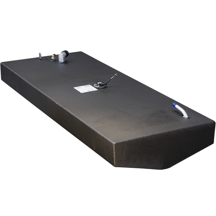 A black, rectangular fuel tank with a textured surface, featuring various fittings on its top. These fittings include a bent pipe, a small metal fitting with a tube and a sensor, and another curved tube with a blue cap