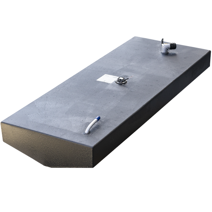 A black, rectangular OEM replacement belly fuel tank, with fittings on top, specifically for a Boston Whaler Outrage 17' 1994, with a 31-gallon net capacity