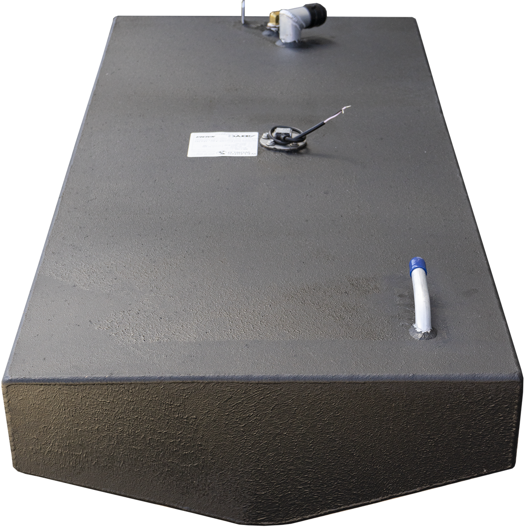  A black, rectangular fuel tank with a textured surface. On its top, there is a white and blue capped vent pipe, a circular sensor with an arm extending from it, and a white elbow joint connected to a hose barb fitting