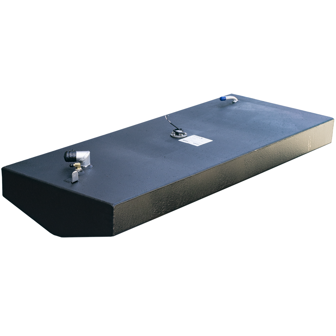 A black, rectangular OEM replacement belly fuel tank, designed for a Boston Whaler Outrage 17' 1994 model, with a 31-gallon net capacity. The tank has various fittings visible on its top surface