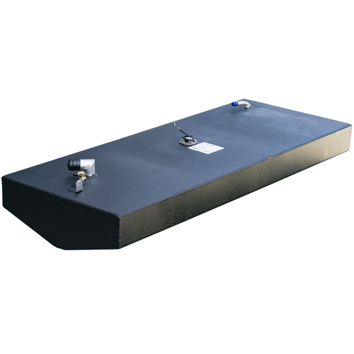 A black, rectangular OEM replacement belly fuel tank, designed for a Boston Whaler Outrage 17' 1994 model, with a 31-gallon net capacity. The tank has various fittings visible on its top surface