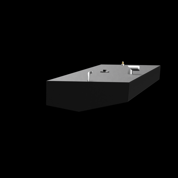 Visual inspection confirms proper mounting and alignment of key hardware elements on 57-gallon belly tank for Boston Whaler Outrage 18' (1989). Sender unit locking ring, vent-return elbow, grounding lug, and integrated handle feature secure placement with no evidence of thread galling, cross-threading, or over-torquing. Assemblies are aligned for seamless hose routing and compatible with standard marine fuel system interfaces
