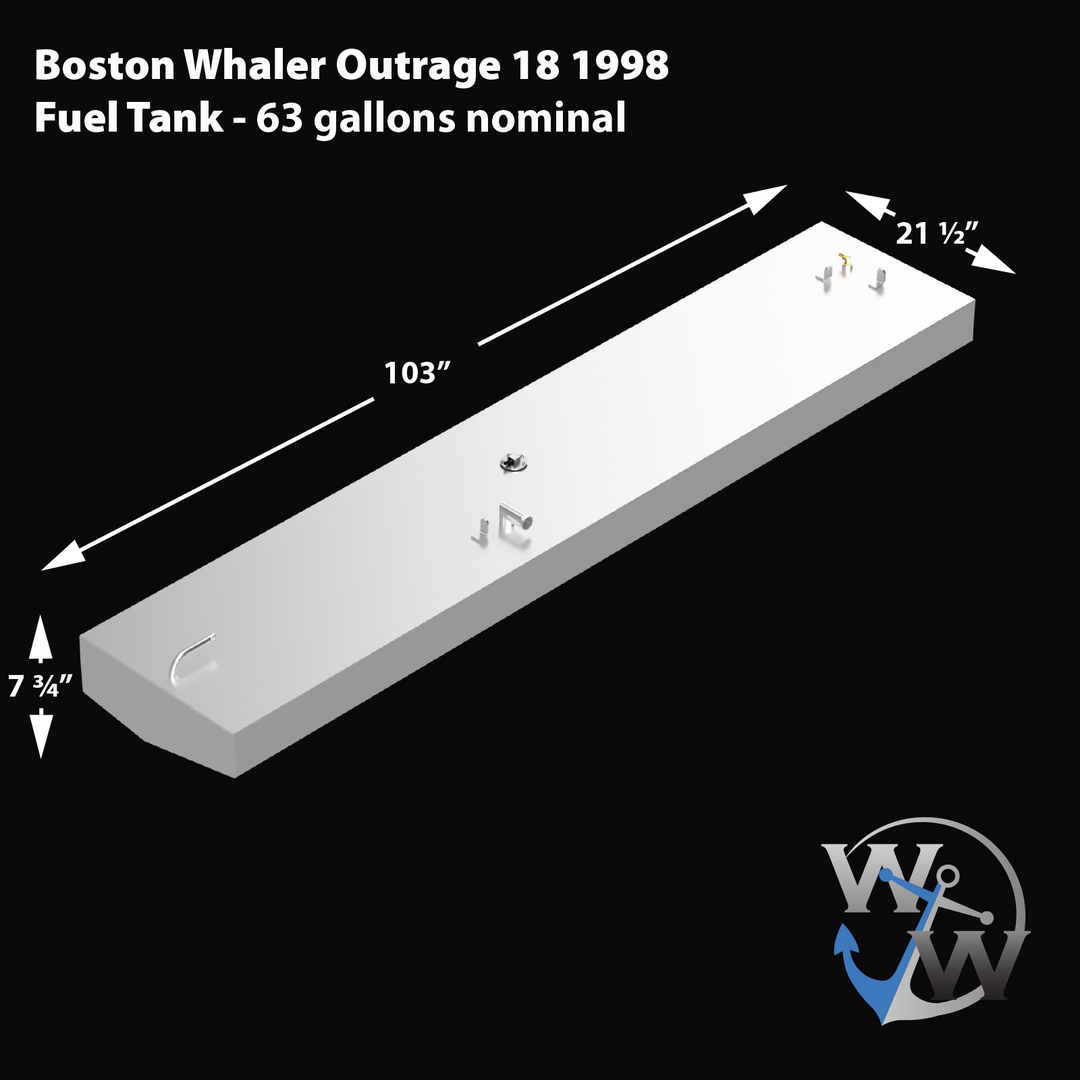 OEM replacement belly fuel tank for a 1998 Boston Whaler Outrage 18-foot boat, 63-gallon nominal capacity. Tank dimensions are 103 inches long, 21.5 inches wide, and 7.75 inches high. Includes multiple top fittings and is shown in a 3D render with white finish and labeled measurements. WW anchor logo in bottom right corner