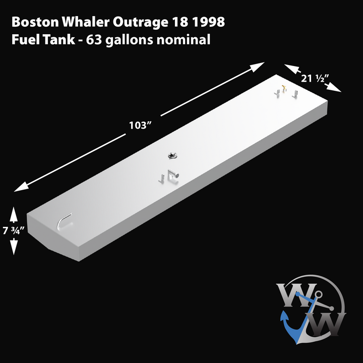 OEM replacement belly fuel tank for a 1998 Boston Whaler Outrage 18-foot boat, 63-gallon nominal capacity. Tank dimensions are 103 inches long, 21.5 inches wide, and 7.75 inches high. Includes multiple top fittings and is shown in a 3D render with white finish and labeled measurements. WW anchor logo in bottom right corner
