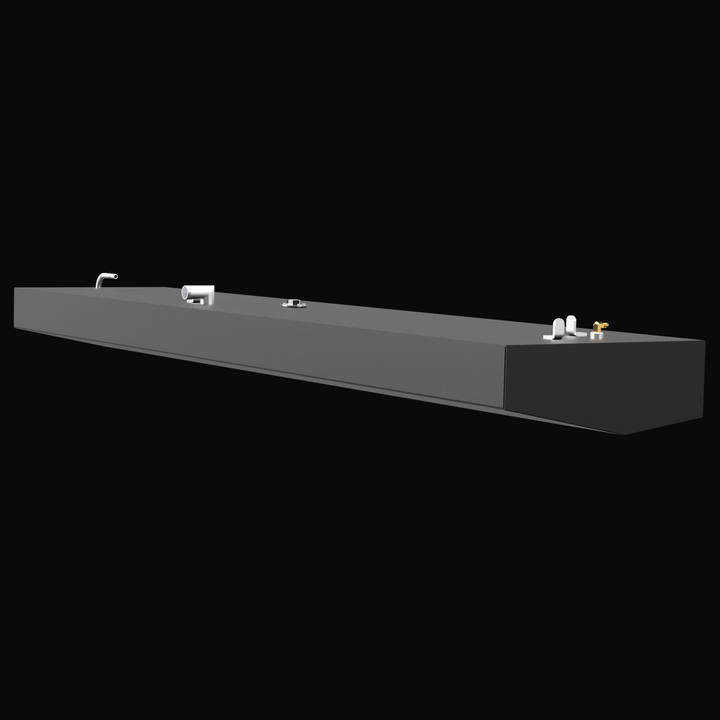 Side view of a black OEM replacement fuel tank for a 1998 Boston Whaler Outrage 18-foot boat, 63-gallon nominal capacity. The image highlights the front and rear fittings including fuel fill, vent, sending unit port, and dual pickup/return lines with a brass fitting