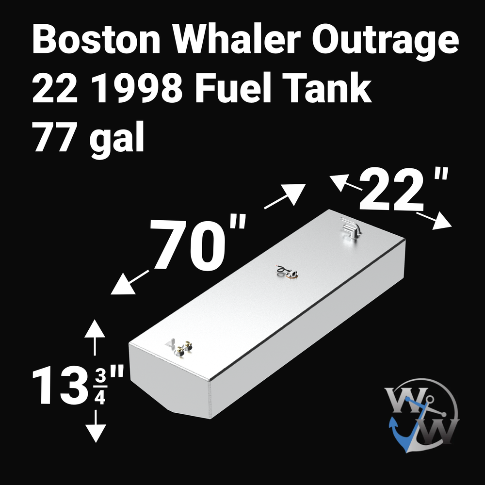 Technical top-down view of a 1998 Boston Whaler Outrage 22 77-gallon replacement fuel tank. This SEO-rich image highlights the precision layout of the fuel fill, threaded vent port, and the primary fuel pickup assembly. The heavy-duty .190 aluminum construction is clearly visible beneath the protective Coal Tar Epoxy coating, designed to meet strict ABYC, USCG, and NMMA marine safety standards.