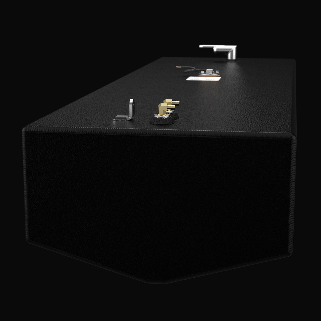 Isometric perspective of a 1998 Boston Whaler Outrage 22 replacement fuel tank. This high-conversion image showcases the rugged .190 aluminum construction and the specialized Coal Tar Epoxy finish. The view highlights the precision-welded mounting tabs and integrated component ports, demonstrating a direct-fit OEM design that ensures full ABYC, USCG, and NMMA compliance for offshore use.
