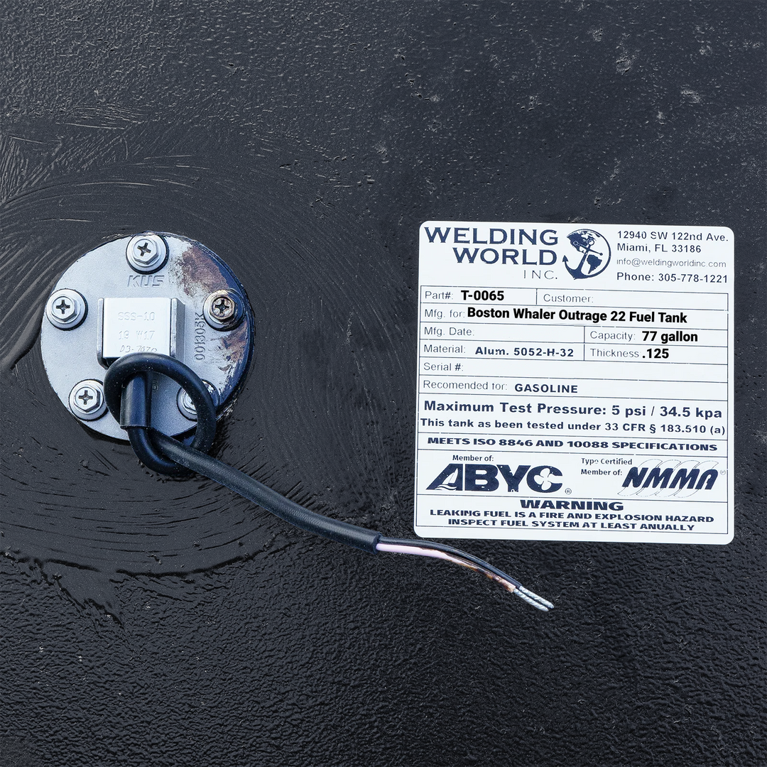 Technical top-down view of a 1998 Boston Whaler Outrage 22 77-gallon replacement fuel tank. This SEO-rich image highlights the precision layout of the fuel fill, threaded vent port, and the primary fuel pickup assembly. The heavy-duty .190 aluminum construction is clearly visible beneath the protective Coal Tar Epoxy coating, designed to meet strict ABYC, USCG, and NMMA marine safety standards.