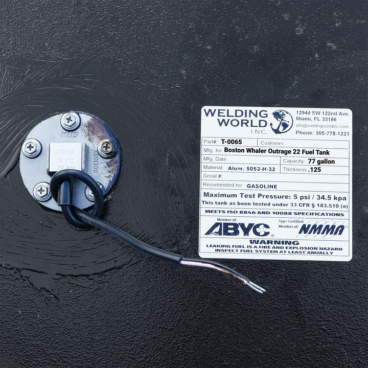 Technical top-down view of a 1998 Boston Whaler Outrage 22 77-gallon replacement fuel tank. This SEO-rich image highlights the precision layout of the fuel fill, threaded vent port, and the primary fuel pickup assembly. The heavy-duty .190 aluminum construction is clearly visible beneath the protective Coal Tar Epoxy coating, designed to meet strict ABYC, USCG, and NMMA marine safety standards.
