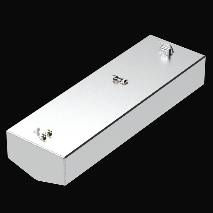 Technical top-down view of a 1998 Boston Whaler Outrage 22 77-gallon replacement fuel tank. This SEO-rich image highlights the precision layout of the fuel fill, threaded vent port, and the primary fuel pickup assembly. The heavy-duty .190 aluminum construction is clearly visible beneath the protective Coal Tar Epoxy coating, designed to meet strict ABYC, USCG, and NMMA marine safety standards.