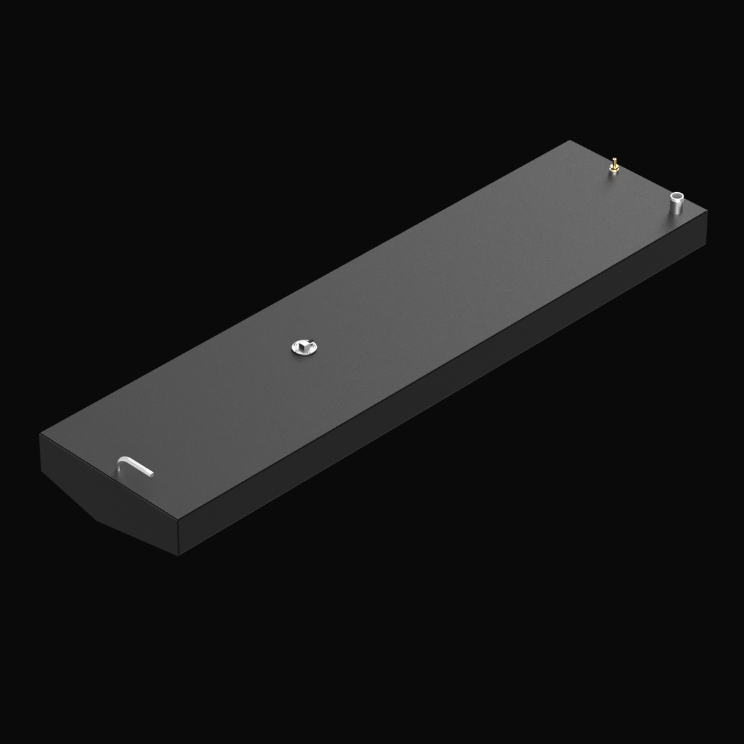 Black Built to OEM Specs fuel tank for a Boston Whaler Revenge 20 1977 model with a 44-gallon nominal capacity. The tank has a rectangular shape with a beveled front edge and a smooth textured finish. It features a small pipe on one end, a circular access port with a locking cover near the center, and two brass fittings on the opposite end. The tank is displayed at an angle against a black background