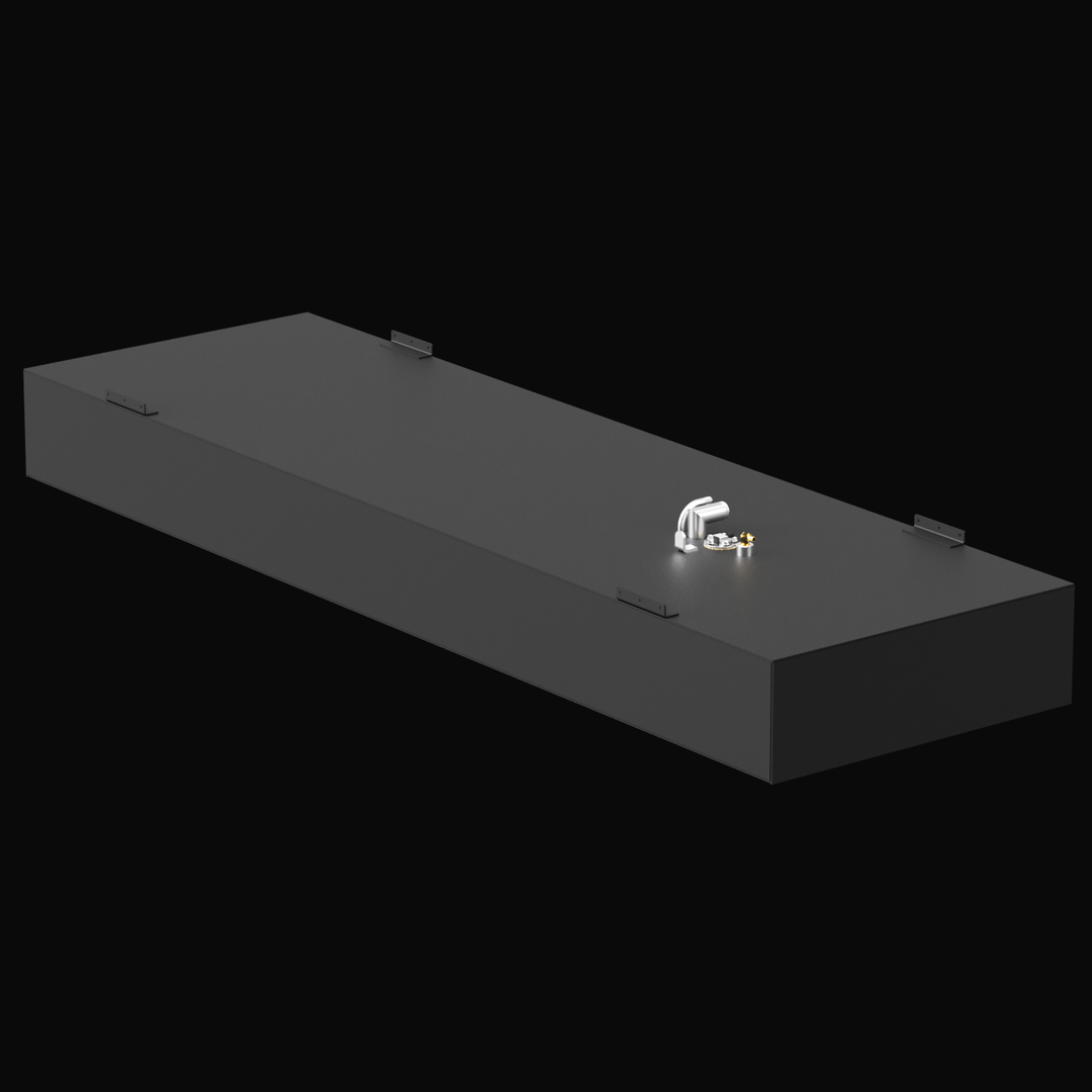Isometric top-rear view of a black rectangular marine fuel tank featuring six mounting tabs along the sides and a top-mounted fuel fitting assembly with multiple connectors. The tank has a clean, industrial design and appears to be fabricated from metal.