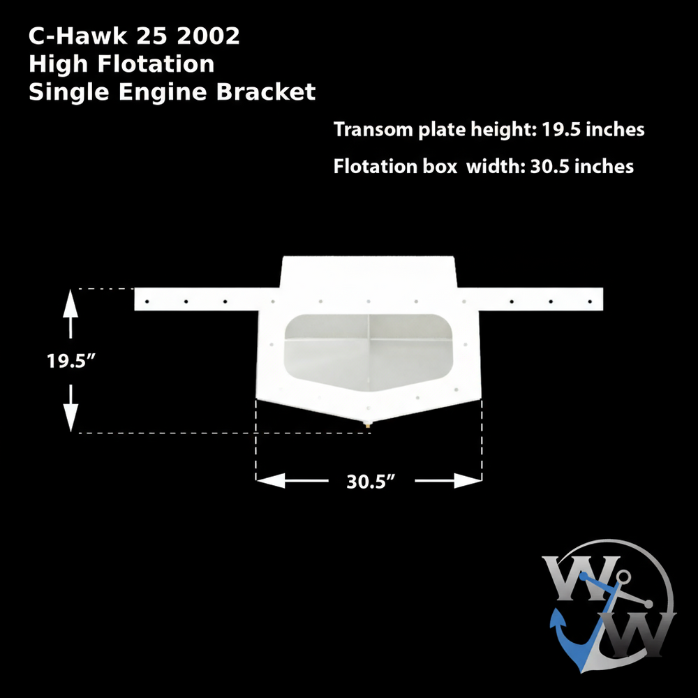 Diagram of the C-Hawk 25 2002 High Flotation Single Engine Bracket, featuring dimensions: transom plate height of 19.5 inches and flotation box width of 30.5 inches. The total volume of the airbox is 54 gallons