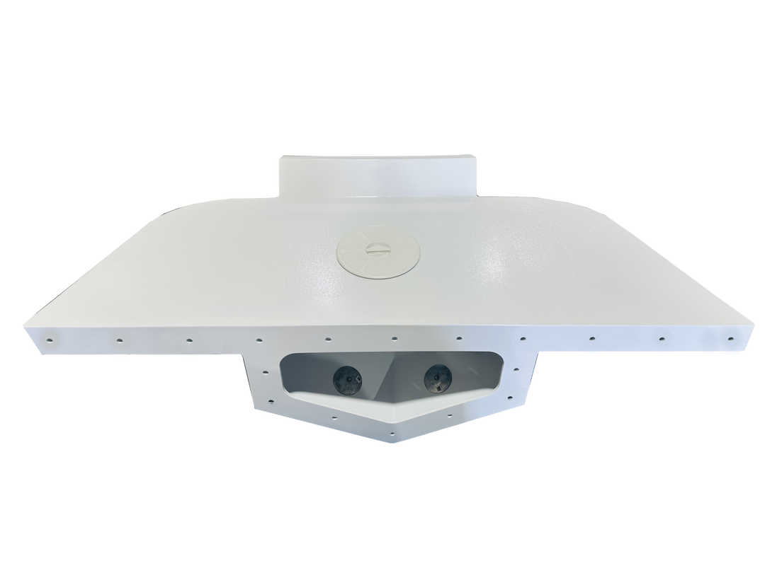 Top view of a C-Hawk 25 2002 high flotation single engine bracket, featuring a sleek white design with two circular openings at the front, set against a transparent checkered background