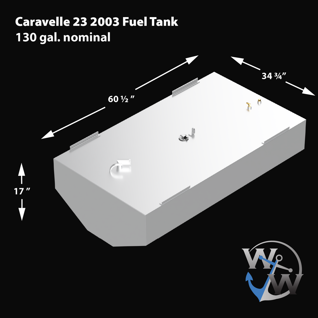 3D rendered image showing a rectangular Built to OEM Specs fuel tank for a Caravelle 23 2003 boat. The tank is white with various fittings, fuel connectors, and mounting brackets on the top surface. Dimensions are labeled as 60 ½" length, 34 ¾" width, and 17" height. The background is black.