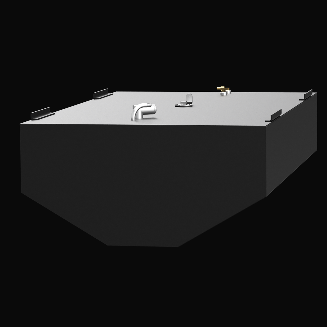3D rendered image showing a large rectangular Built to OEM Specs fuel tank with a dark gray body and a light gray top. The top surface features several fittings and mounting brackets. The front face is angled on the bottom edge, and there are mounting tabs on the sides. The background is black