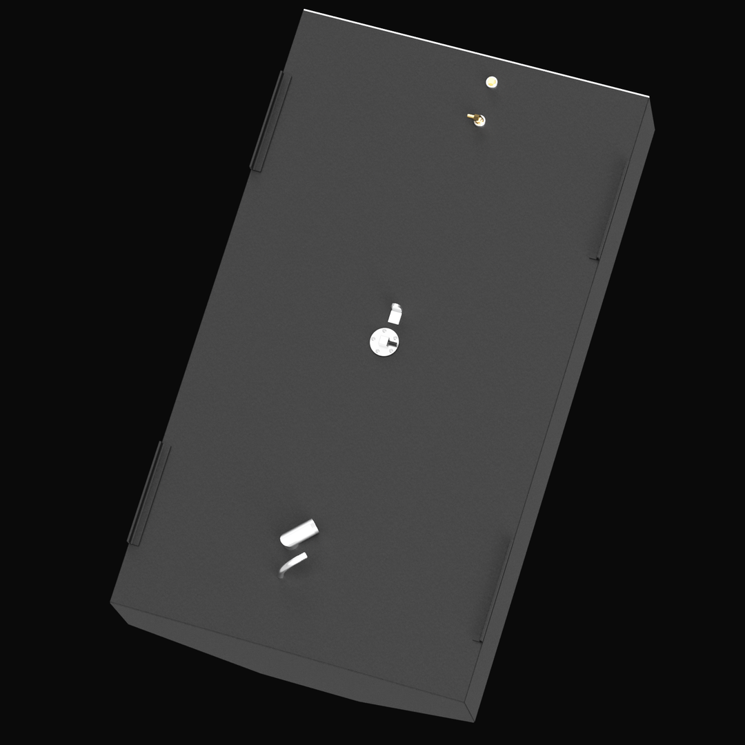 3D rendered image of a rectangular Built to OEM Specs fuel tank in dark gray with fittings on the top surface. The tank has mounting brackets on the sides and a beveled front bottom edge. The background is black.