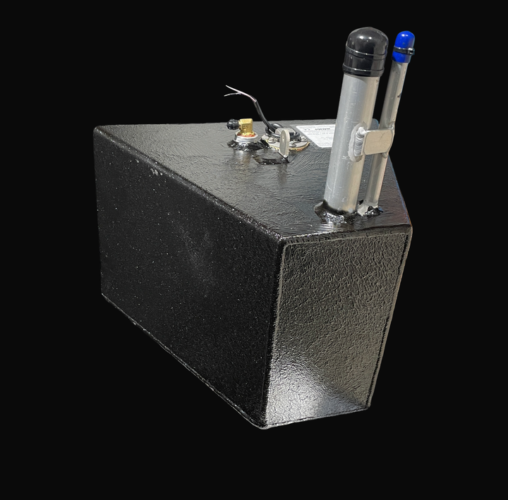 A studio perspective view of a physical, finished black encapsulated Caribe DL-11 OEM replacement marine fuel tank (11 gal 2016) from file image_aed169.jpg, isolated against a black background. Precision-fabricated from heavy-gauge marine-grade 5052-H32 aluminum, the compact deep-cavity wedge cell is fully encapsulated in a protective, textured black TarGard epoxy coating to safeguard against severe saltwater pitting and bilge moisture accumulation. The top deck showcases an extended angled aluminum fuel fi
