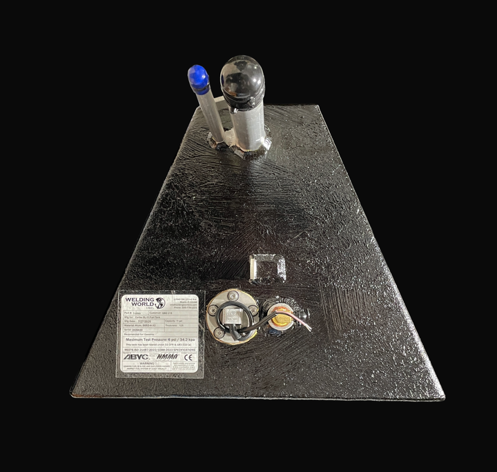 A studio top-down plan view of a physical, finished black encapsulated Caribe DL-11 OEM replacement marine fuel tank (11 gal 2016) from file image_aeb75d.jpg, isolated against a black background. Precision-fabricated from heavy-gauge marine-grade 5052-H32 aluminum, the top deck surface is fully encapsulated in a protective, textured black TarGard epoxy coating to resist severe saltwater pitting and bilge moisture accumulation. The top deck configuration highlights an extended aluminum fuel fill neck and ven