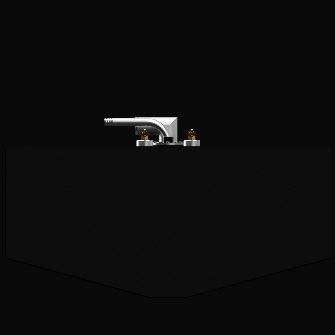  A close-up view of a fuel tank designed for a 2003 Carolina Skiff Sea Chaser 24 CC, featuring a silver fuel fill nozzle and two brass fittings on a black background. The tank has a capacity of 100 gallons