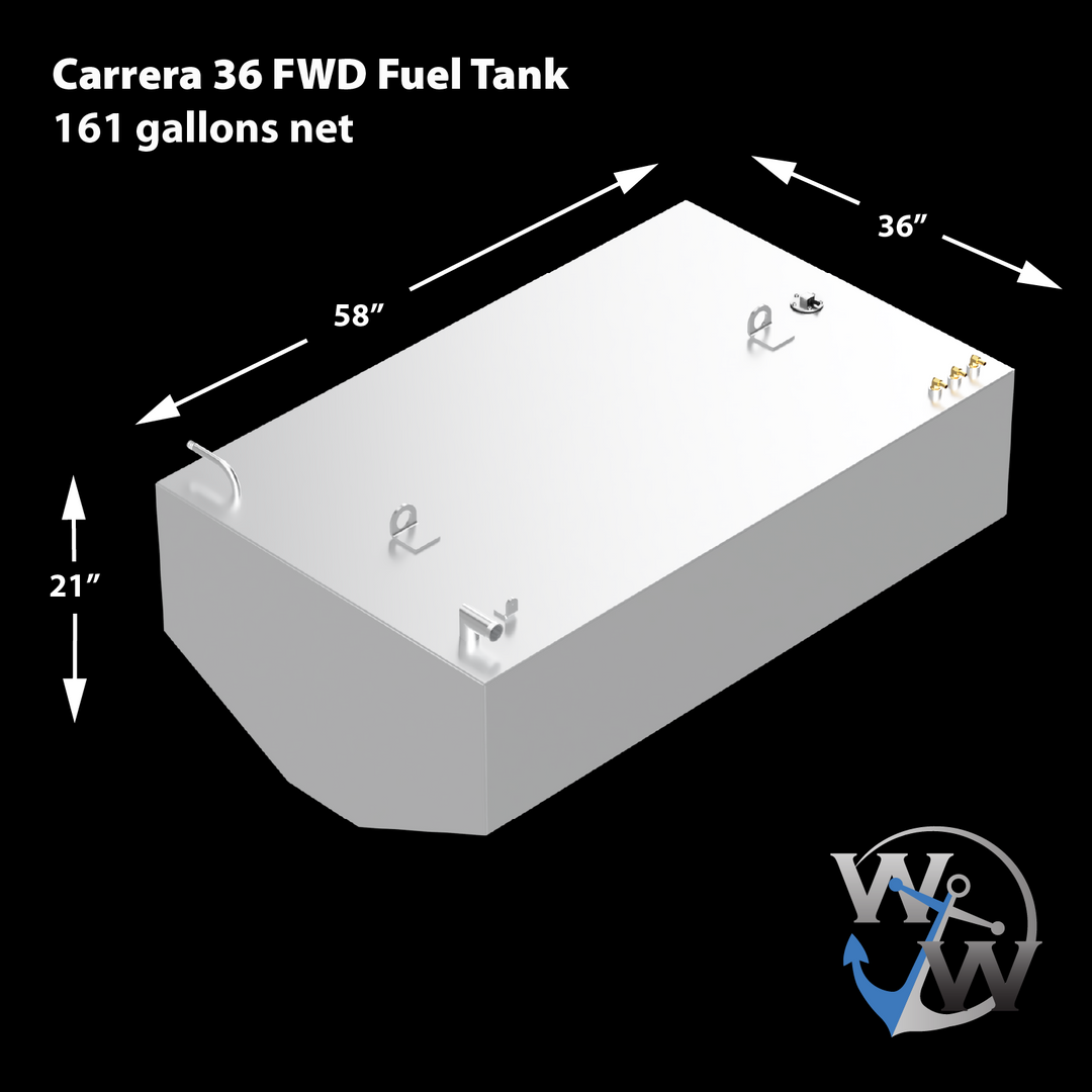 A diagram of a Carrera 36 FWD Fuel Tank, 161 gallons net, with a rounded front edge. It measures 58 inches in length, 36 inches in width, and 21 inches in height. Various metal fittings and hooks are visible on its top surface. The "W & W" logo with an anchor is displayed in the bottom right corner