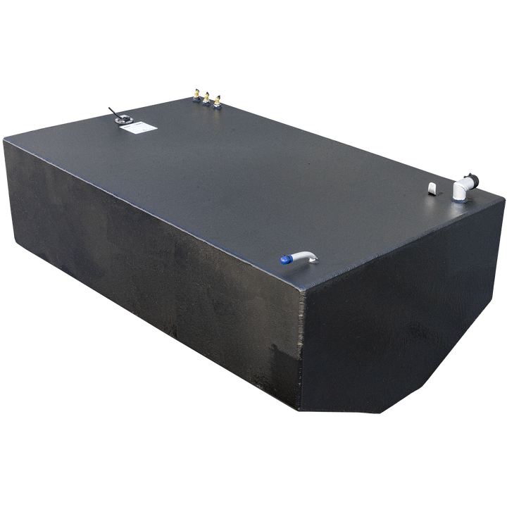 A black, rectangular fuel tank with a textured surface and a rounded front end. Various fittings are visible on the top, including a white L-shaped pipe with a blue tip on the left, another white pipe on the right, and several brass-colored connectors