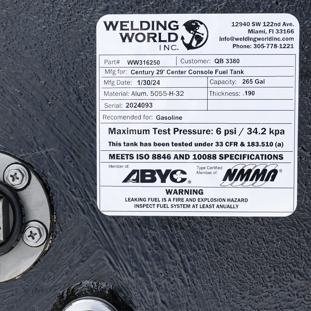 A label of a Century 29' Center Console 1998 Built to OEM Specs belly fuel tank with 265-gallon capacity, built for reliable marine use