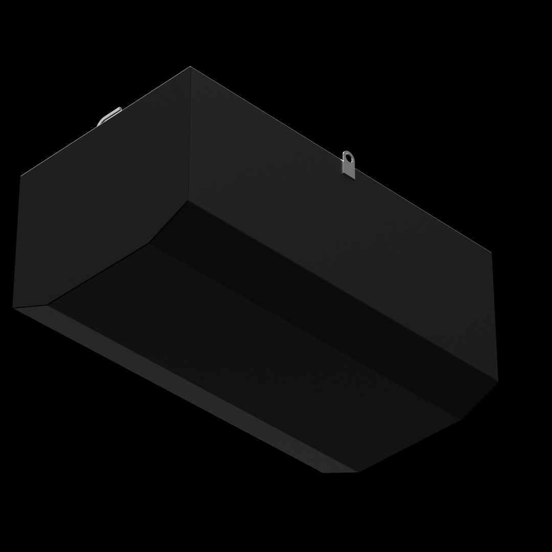 A dark grey, rectangular object, possibly a fuel tank, is seen from a low angle, revealing its faceted bottom surface. Two small, U-shaped metallic handles protrude from the top edges of the tank. The image is set against a solid black background