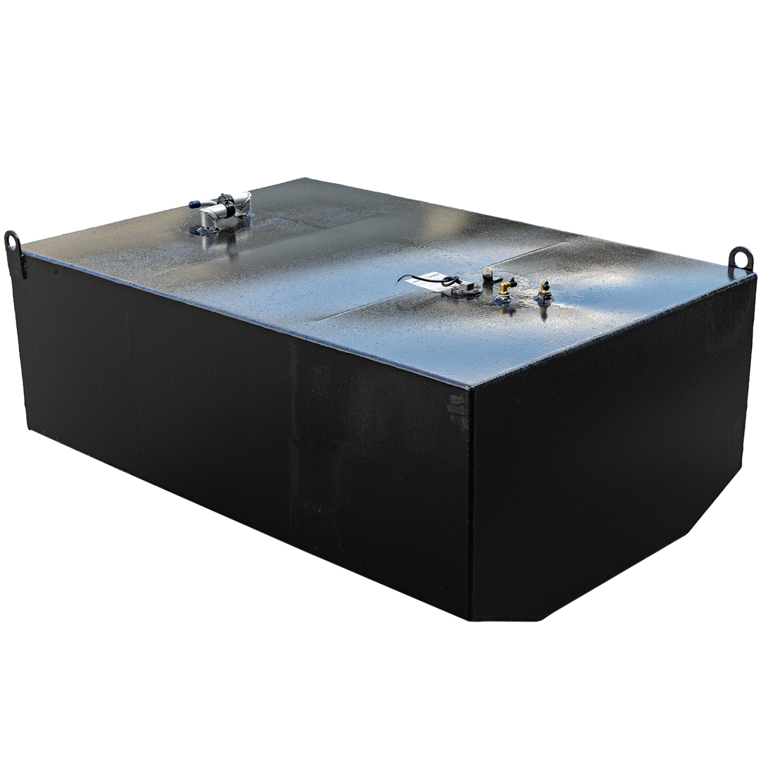 A black, rectangular fuel tank with a textured surface, possibly a 254-gallon OEM replacement belly tank for a Century 29 2000. It features various metallic fittings on its top surface, including a blue-tipped tube, brass-colored valves, and two U-shaped handles, all set against a black and grey checkered background