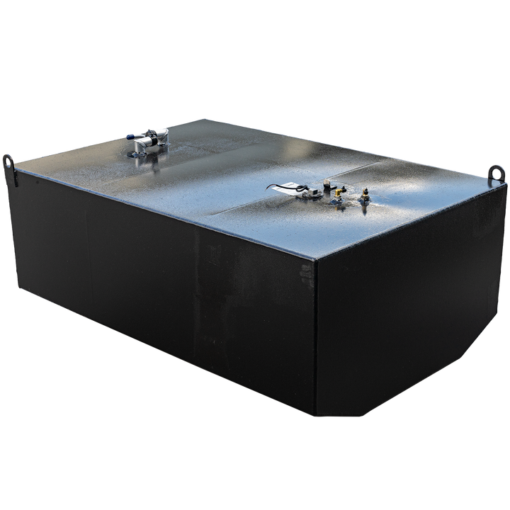 A black, rectangular fuel tank with a textured surface, possibly a 254-gallon OEM replacement belly tank for a Century 29 2000. It features various metallic fittings on its top surface, including a blue-tipped tube, brass-colored valves, and two U-shaped handles, all set against a black and grey checkered background